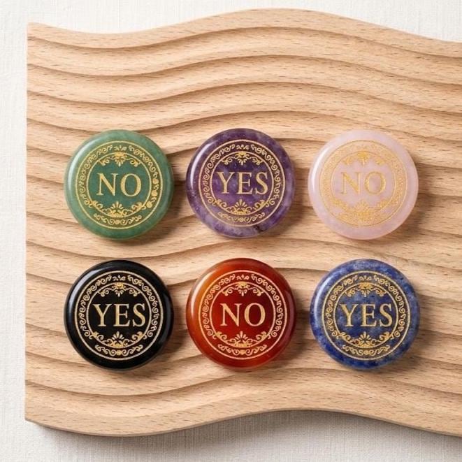 Natural Crystal YES NO Decision Coin, Engraved Gemstone Pocket Token, Tabletop RPG Board Game Gift Couples Flip Coin