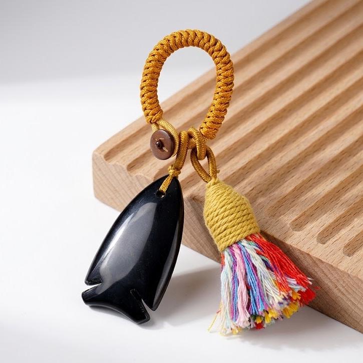 Gemstone Fish Keychain for Car Hanging, Woven Tassel Purse Bag Charm, Hand Carved Stone Animal Key Accessory Gift