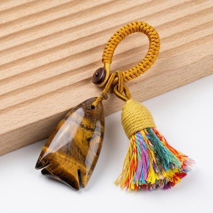 Gemstone Fish Keychain for Car Hanging, Woven Tassel Purse Bag Charm, Hand Carved Stone Animal Key Accessory Gift