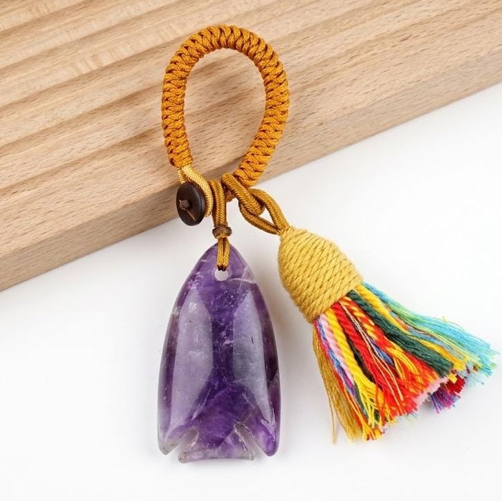 Gemstone Fish Keychain for Car Hanging, Woven Tassel Purse Bag Charm, Hand Carved Stone Animal Key Accessory Gift