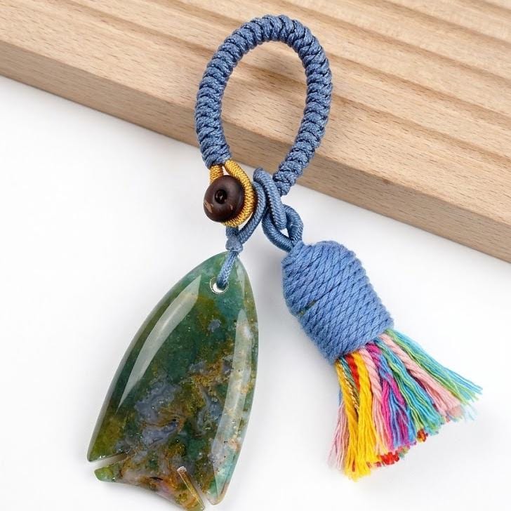 Gemstone Fish Keychain for Car Hanging, Woven Tassel Purse Bag Charm, Hand Carved Stone Animal Key Accessory Gift