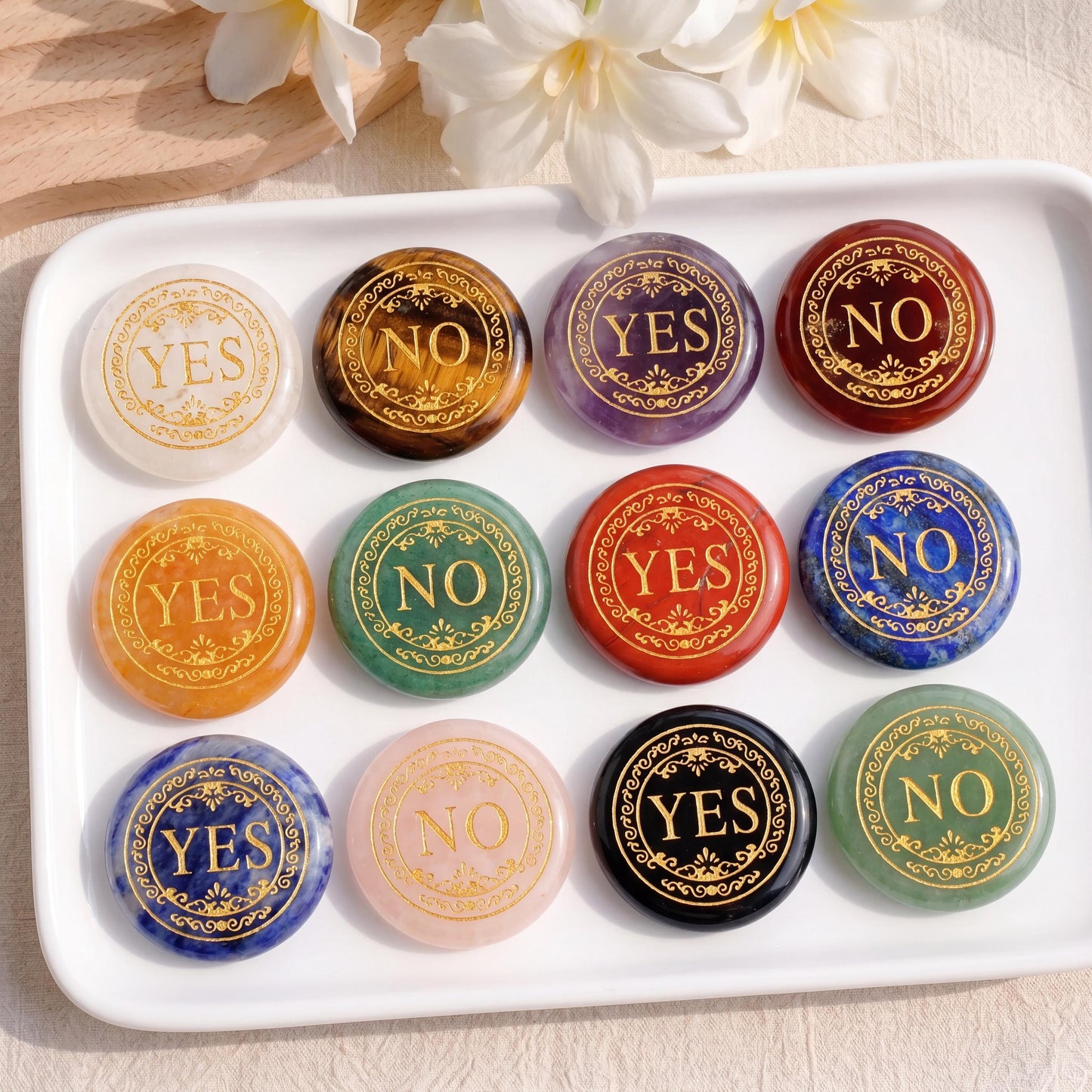Natural Crystal YES NO Decision Coin, Engraved Gemstone Pocket Token, Tabletop RPG Board Game Gift Couples Flip Coin