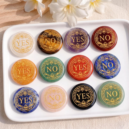 Natural Crystal YES NO Decision Coin, Engraved Gemstone Pocket Token, Tabletop RPG Board Game Gift Couples Flip Coin