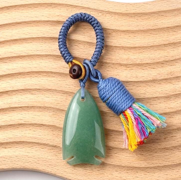 Gemstone Fish Keychain for Car Hanging, Woven Tassel Purse Bag Charm, Hand Carved Stone Animal Key Accessory Gift