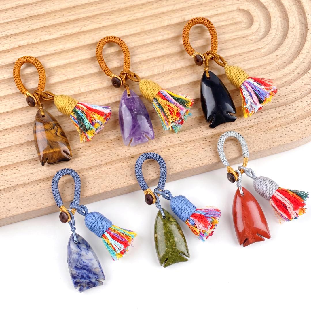 Gemstone Fish Keychain for Car Hanging, Woven Tassel Purse Bag Charm, Hand Carved Stone Animal Key Accessory Gift