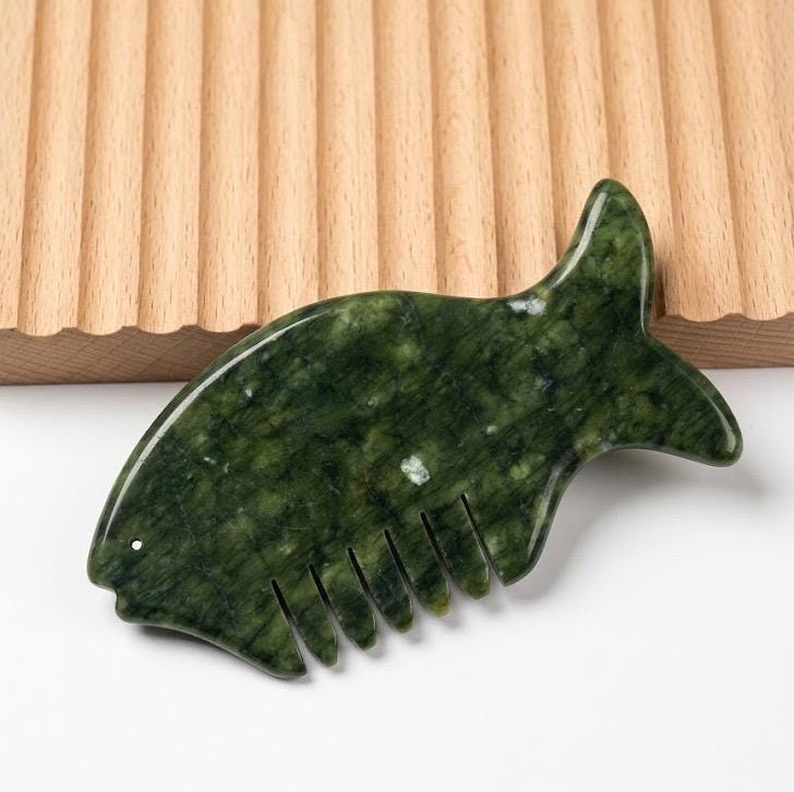Custom Engraved Fish Jade Gua Sha Comb,  Natural Multi Color Stone Scalp Hair Massager,  Self Care Spa Gift for Women