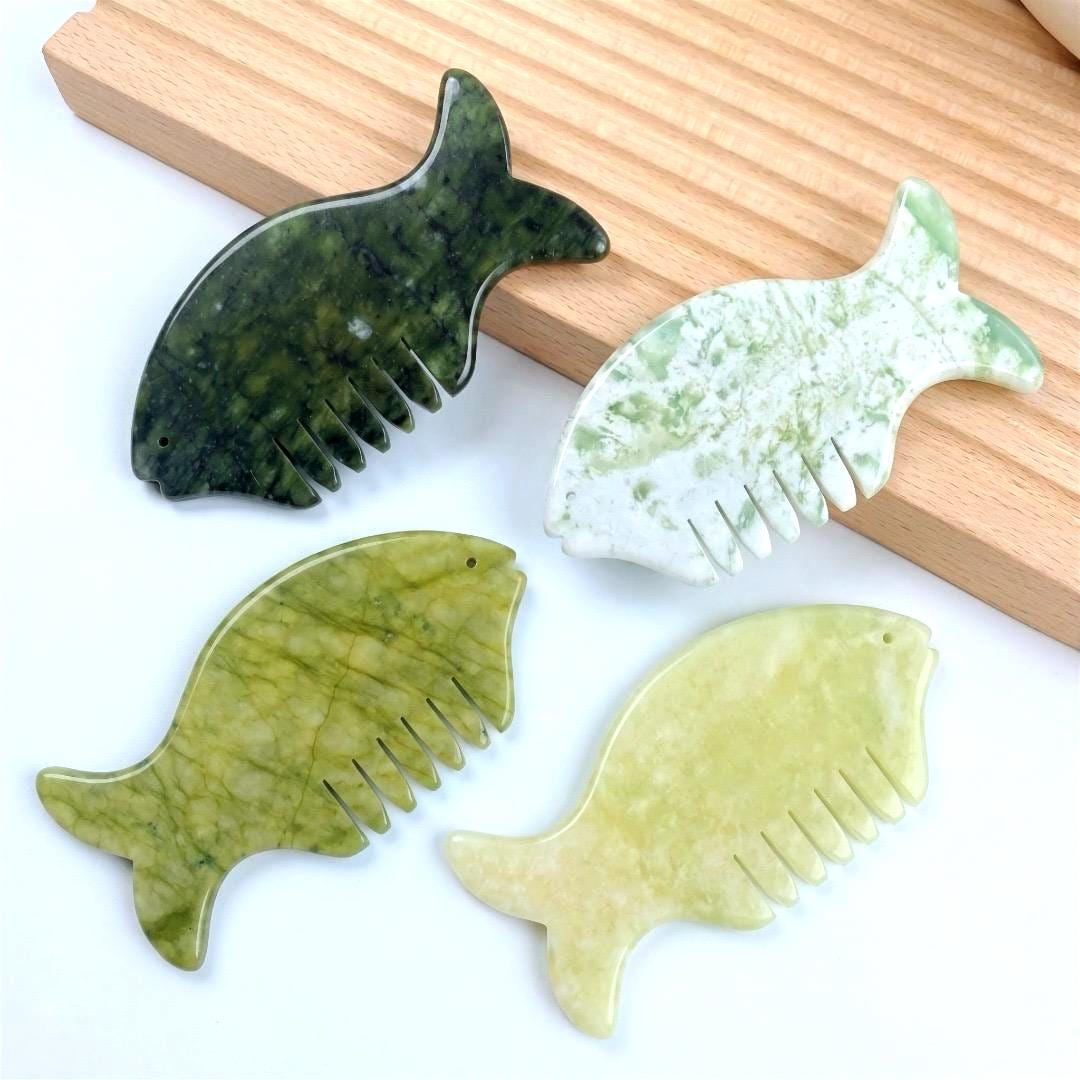 Custom Engraved Fish Jade Gua Sha Comb,  Natural Multi Color Stone Scalp Hair Massager,  Self Care Spa Gift for Women