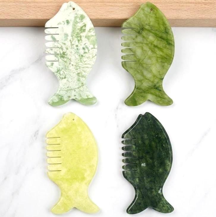 Custom Engraved Fish Jade Gua Sha Comb,  Natural Multi Color Stone Scalp Hair Massager,  Self Care Spa Gift for Women
