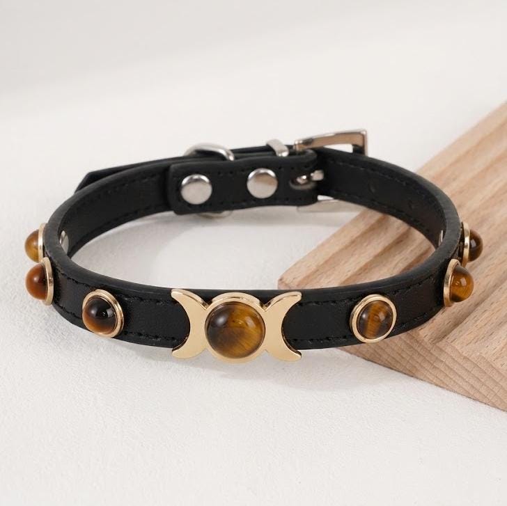 Tiger Eye Gemstone Dog Collar, Luxury PU Leather Pet Necklace, Cat Safety Collar, Unique New Pet Gift Gear