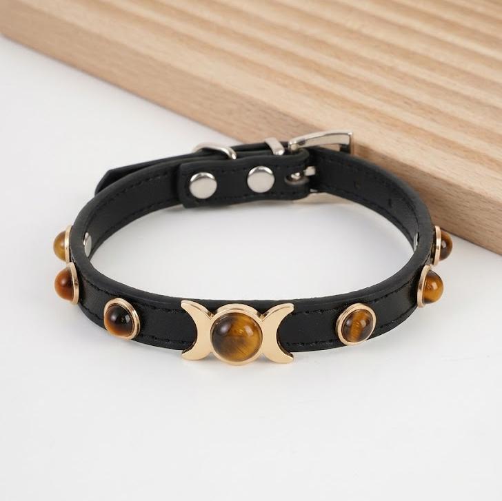 Tiger Eye Gemstone Dog Collar, Luxury PU Leather Pet Necklace, Cat Safety Collar, Unique New Pet Gift Gear