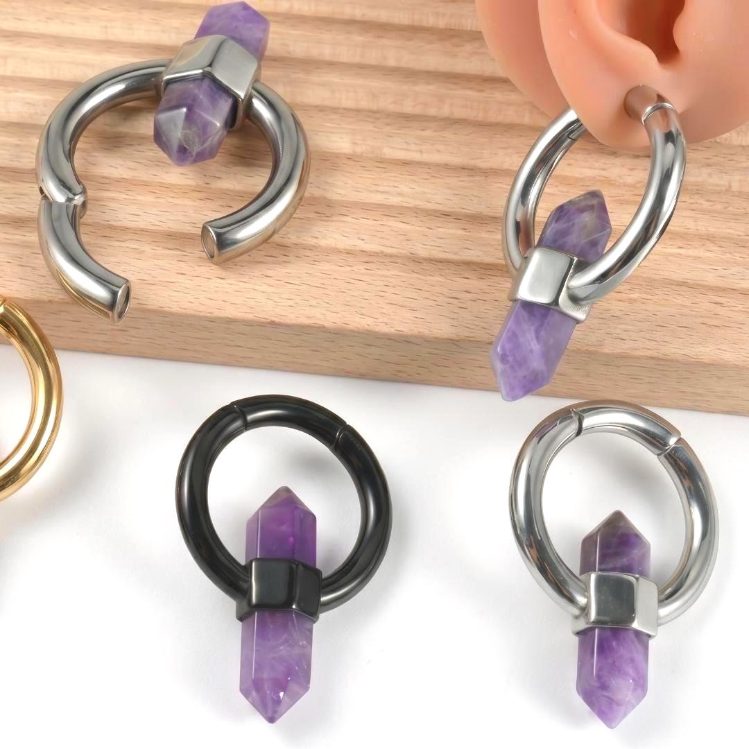 Crystal Ear Weights, Stone Ear Hangers, Stretched Ears Jewelry, Amethyst Tiger Eye Earrings, Boho Piercing Hoop, Gift for Her