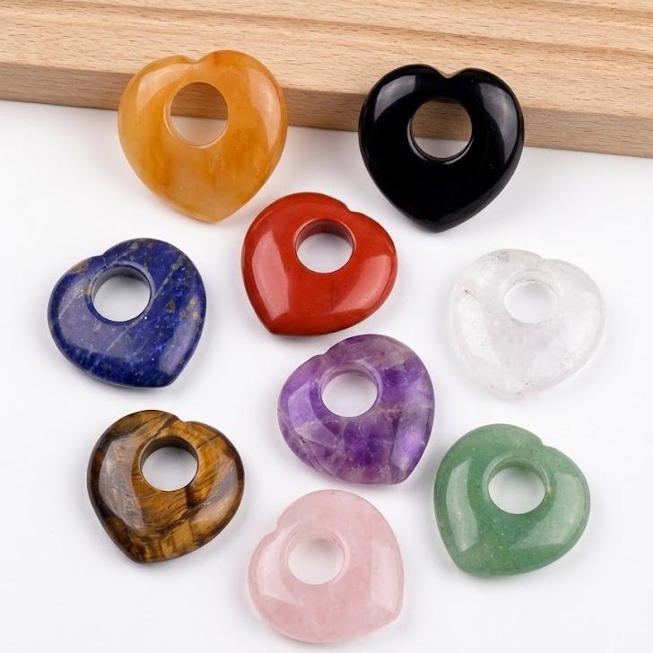 Crystal Heart Pendant, Assorted Gemstone Donut, Mixed Stone Heart Disc , DIY Jewelry Supply, Hand Carved Token, Gift for Her