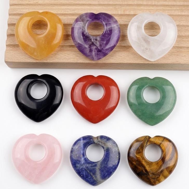 Crystal Heart Pendant, Assorted Gemstone Donut, Mixed Stone Heart Disc , DIY Jewelry Supply, Hand Carved Token, Gift for Her