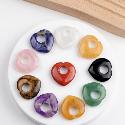 Crystal Heart Pendant, Assorted Gemstone Donut, Mixed Stone Heart Disc , DIY Jewelry Supply, Hand Carved Token, Gift for Her