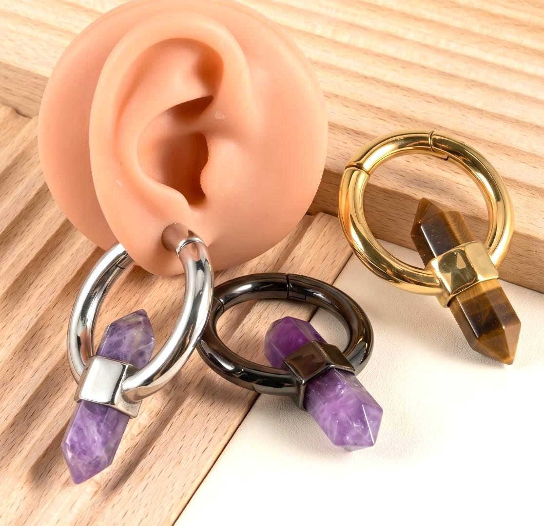 Crystal Ear Weights, Stone Ear Hangers, Stretched Ears Jewelry, Amethyst Tiger Eye Earrings, Boho Piercing Hoop, Gift for Her