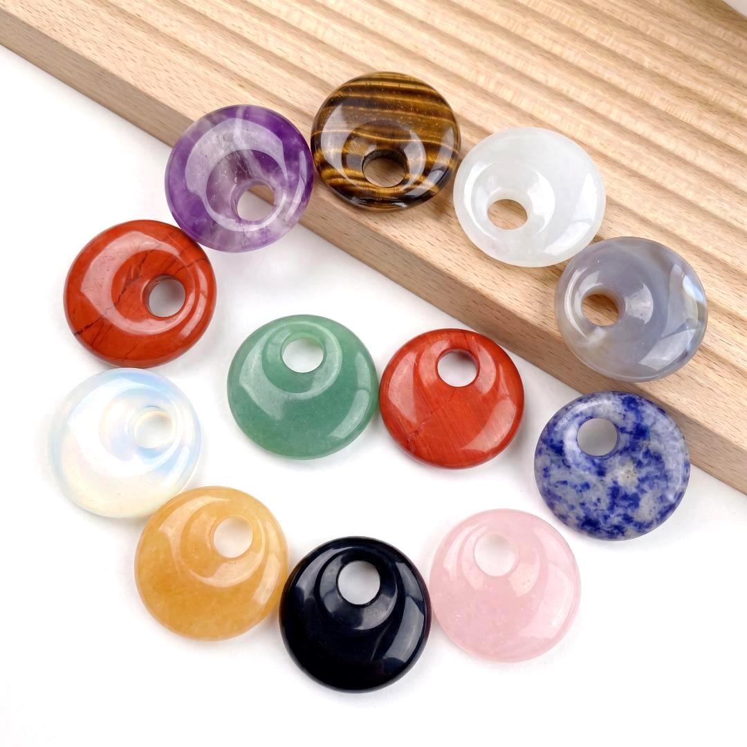 Natural Crystal Donut Pendant, Earrings, Mixed Gemstone Round Disc Token, DIY Jewelry Supply Gift