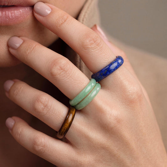 Natural Gemstone Ring, Assorted Solid Stone Band, Colorful Crystal Rings, Stackable Jewelry, Minimalist Aesthetic Ring Pack, Gift for Her