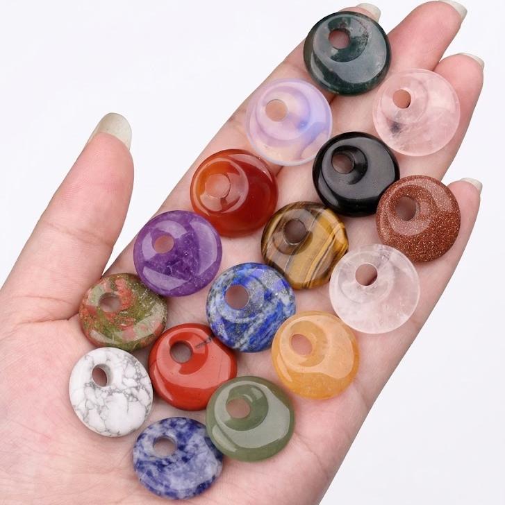 Natural Crystal Donut Pendant, Earrings, Mixed Gemstone Round Disc Token, DIY Jewelry Supply Gift