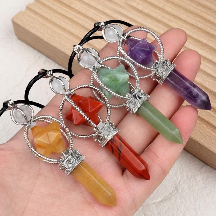 Crystal Pendulum Pendant, Gemstone Merkaba Star Hexagonal Point, Dowsing Token Charm Necklace Gift for Her