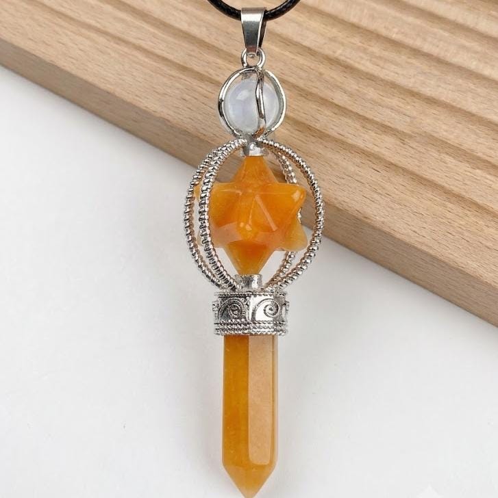 Crystal Pendulum Pendant, Gemstone Merkaba Star Hexagonal Point, Dowsing Token Charm Necklace Gift for Her