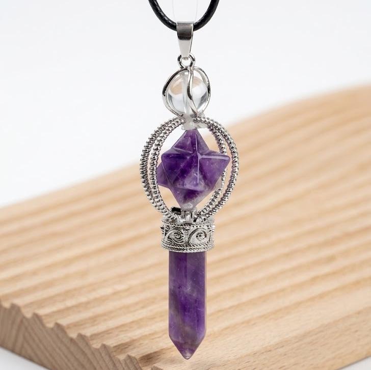 Crystal Pendulum Pendant, Gemstone Merkaba Star Hexagonal Point, Dowsing Token Charm Necklace Gift for Her