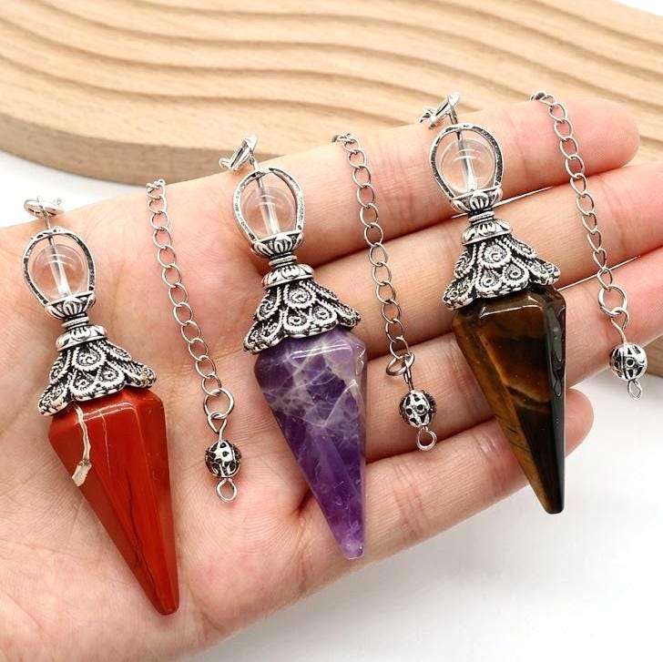 Crystal Pendulum Set, Natural Stone Cone Pendant, Dowsing Point Chain Necklace , Whimsical Witchy Boho Gift for Her
