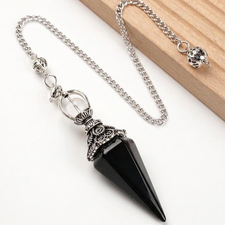 Crystal Pendulum Set, Natural Stone Cone Pendant, Dowsing Point Chain Necklace , Whimsical Witchy Boho Gift for Her