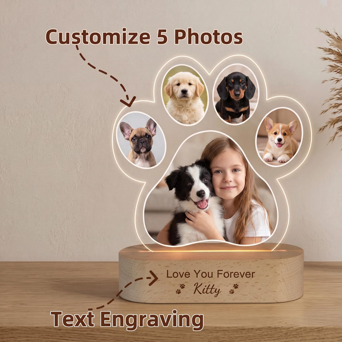 Custom Dog Photo Night Light, Pet Memorial Gift, Personalized Paw Print Lamp, 5 Photo Light Up Plaque, Loss of Dog Cat Sympathy Gift