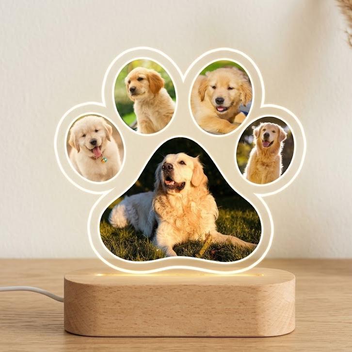 Custom Dog Photo Night Light, Pet Memorial Gift, Personalized Paw Print Lamp, 5 Photo Light Up Plaque, Loss of Dog Cat Sympathy Gift