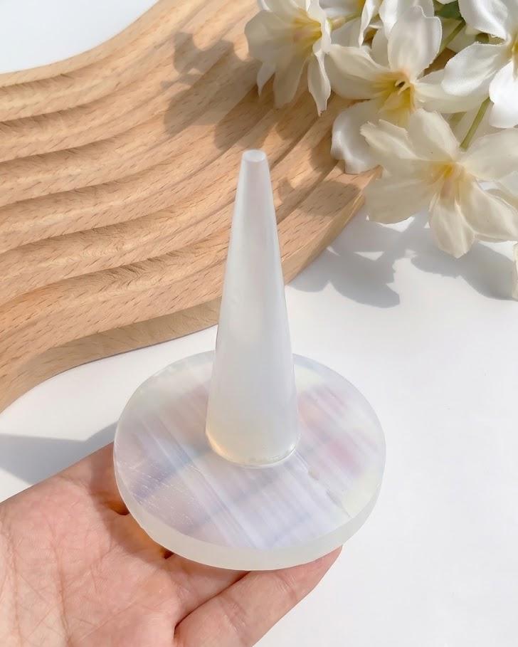Selenite Crystal Bracelet Holder Ring Cone, Jewelry Organizer Display Stand, Cleansing Charging Station, Spiritual Gift for Her Home Decor