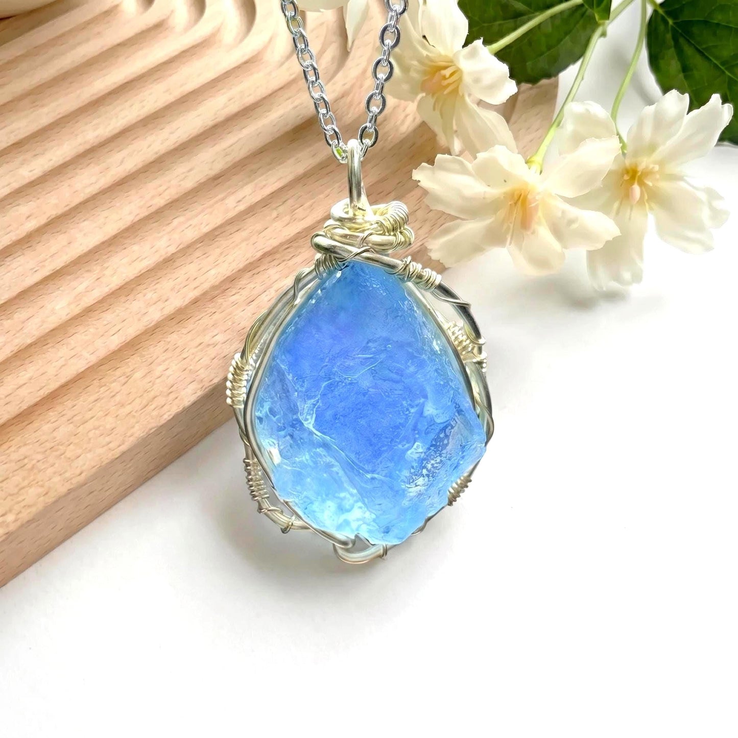 Raw Aquamarine Pendant & Earrings，Handmade Copper Wire Wrapped Blue Stone Jewelry，Unique March Birthstone Gift for Her