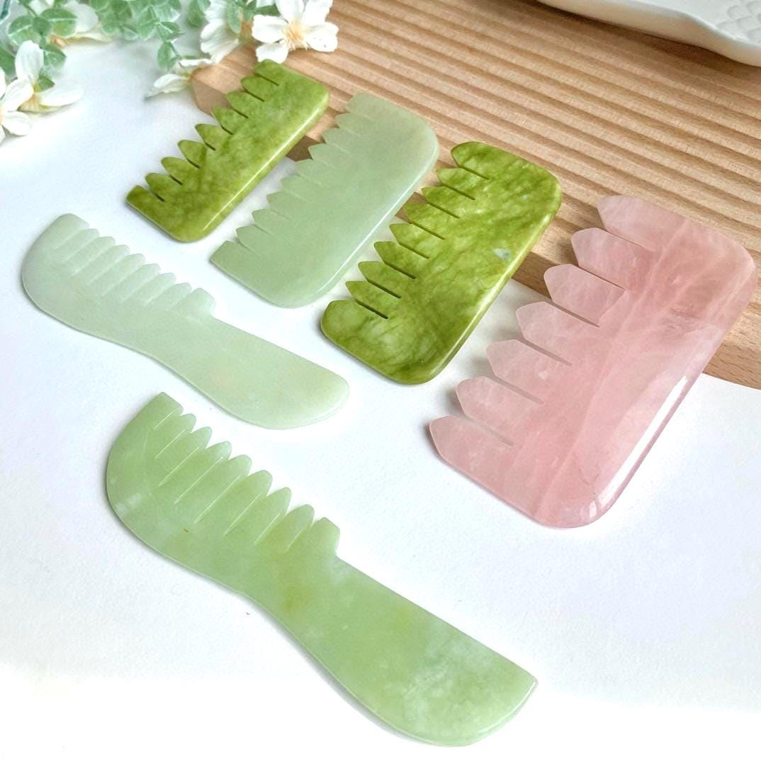 Natural Jade Scalp Massage Comb, Rose Quartz Crystal Hair Brush, Gua Sha Scalp Massager, Relax Self Care Gift
