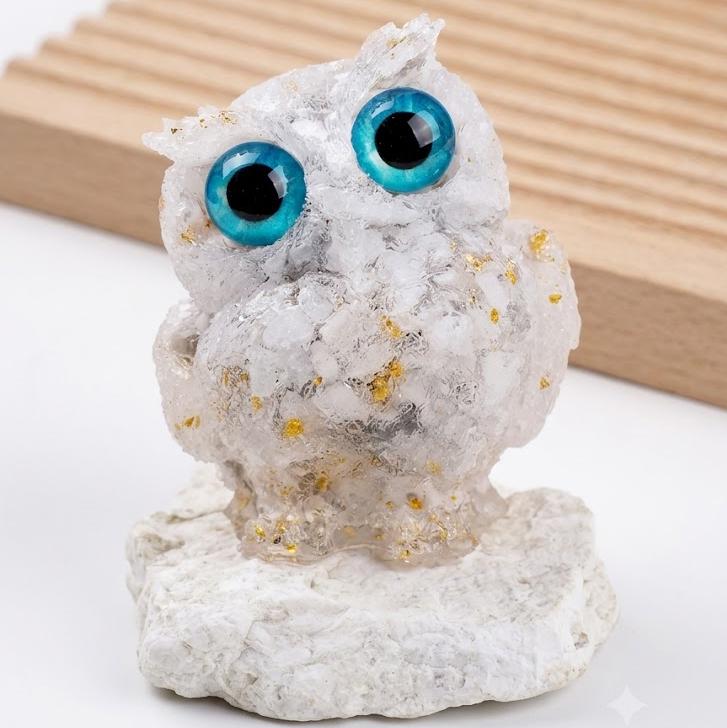 Natural Crystal Owl Figurine, Cute Gemstone Owl Statue, Tiny Quartz Animal Carving, Resin Owl Decor, Whimsical Room Decor, Housewarming Gift