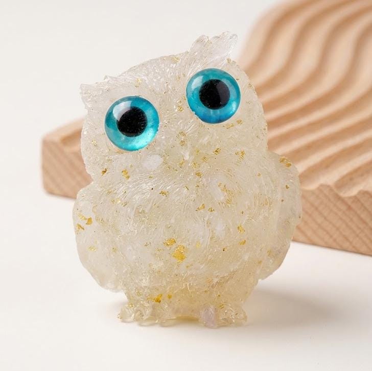 Natural Crystal Owl Figurine, Cute Gemstone Owl Statue, Tiny Quartz Animal Carving, Resin Owl Decor, Whimsical Room Decor, Housewarming Gift