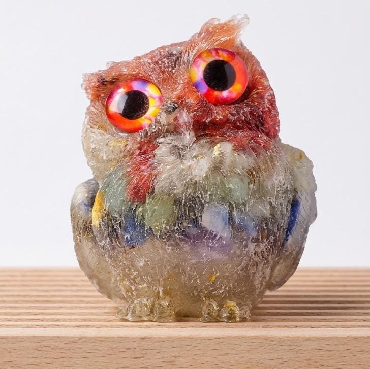 Natural Crystal Owl Figurine, Cute Gemstone Owl Statue, Tiny Quartz Animal Carving, Resin Owl Decor, Whimsical Room Decor, Housewarming Gift