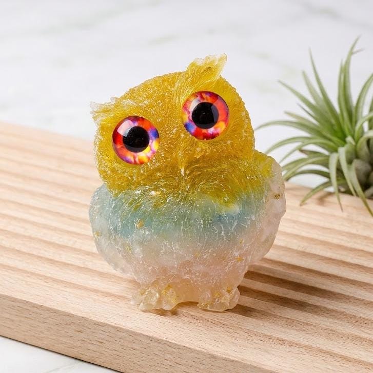 Natural Crystal Owl Figurine, Cute Gemstone Owl Statue, Tiny Quartz Animal Carving, Resin Owl Decor, Whimsical Room Decor, Housewarming Gift