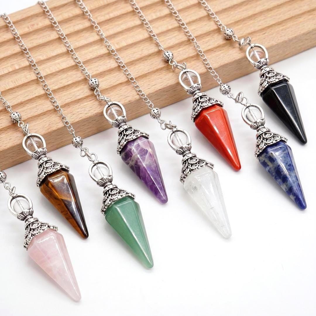 Crystal Pendulum Set, Natural Stone Cone Pendant, Dowsing Point Chain Necklace , Whimsical Witchy Boho Gift for Her
