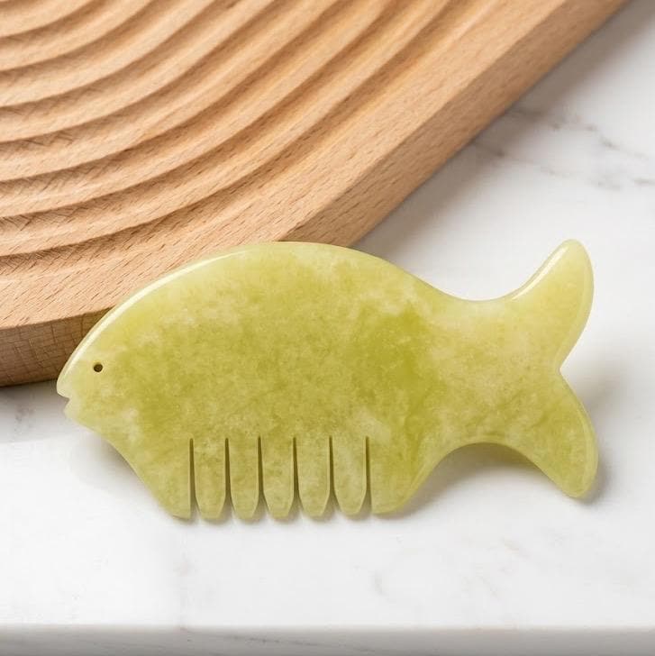 Custom Engraved Fish Jade Gua Sha Comb,  Natural Multi Color Stone Scalp Hair Massager,  Self Care Spa Gift for Women
