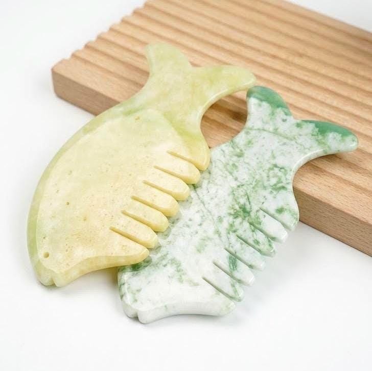 Custom Engraved Fish Jade Gua Sha Comb,  Natural Multi Color Stone Scalp Hair Massager,  Self Care Spa Gift for Women