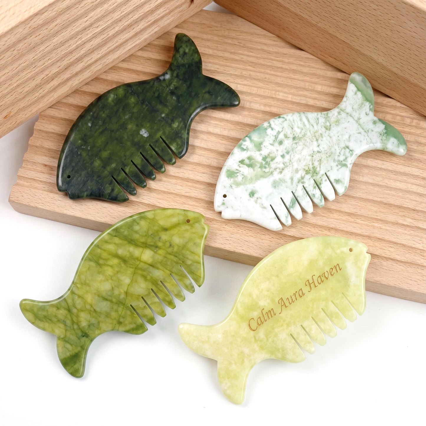 Custom Engraved Fish Jade Gua Sha Comb,  Natural Multi Color Stone Scalp Hair Massager,  Self Care Spa Gift for Women