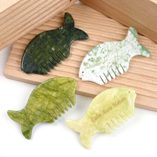 Custom Engraved Fish Jade Gua Sha Comb,  Natural Multi Color Stone Scalp Hair Massager,  Self Care Spa Gift for Women