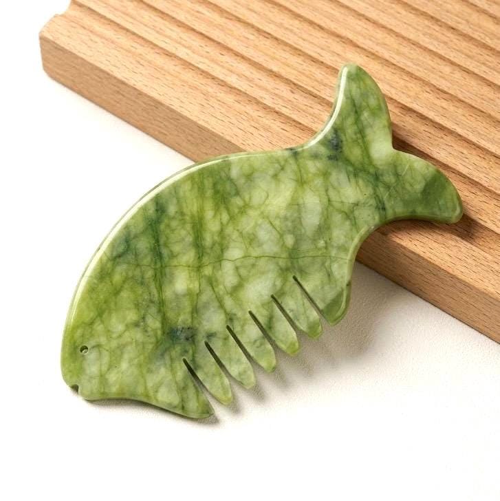 Custom Engraved Fish Jade Gua Sha Comb,  Natural Multi Color Stone Scalp Hair Massager,  Self Care Spa Gift for Women